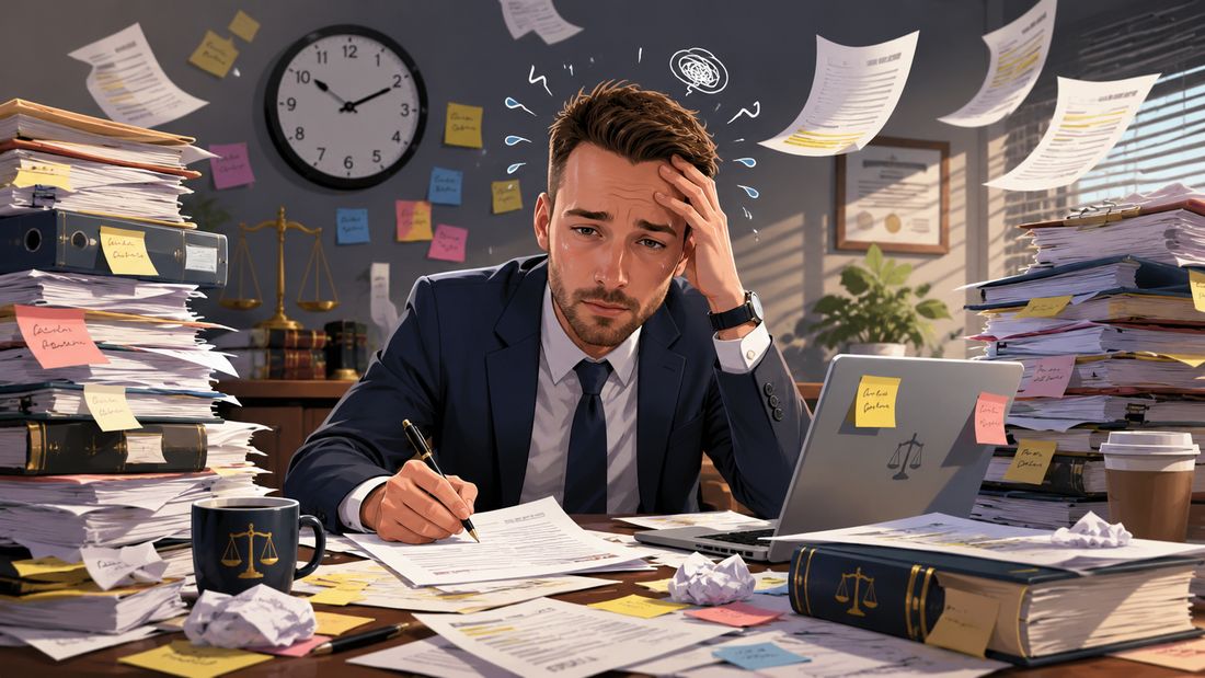 An attorney at a desk buried under stacks of paper files, sticky notes, and binders, looking overwhelmed.